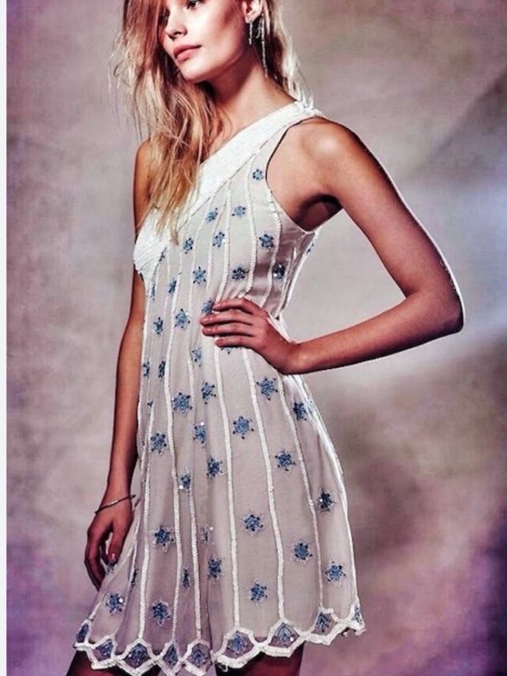 Free People Starburst Sequin Embellished Stars One Shoulder Vintage Mini Dress 4
